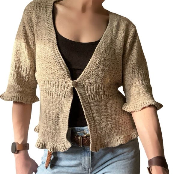 Vintage August Silk Tan Knit Ruffle Short Sleeve Shrug Cardigan Size Medium - Picture 5 of 11